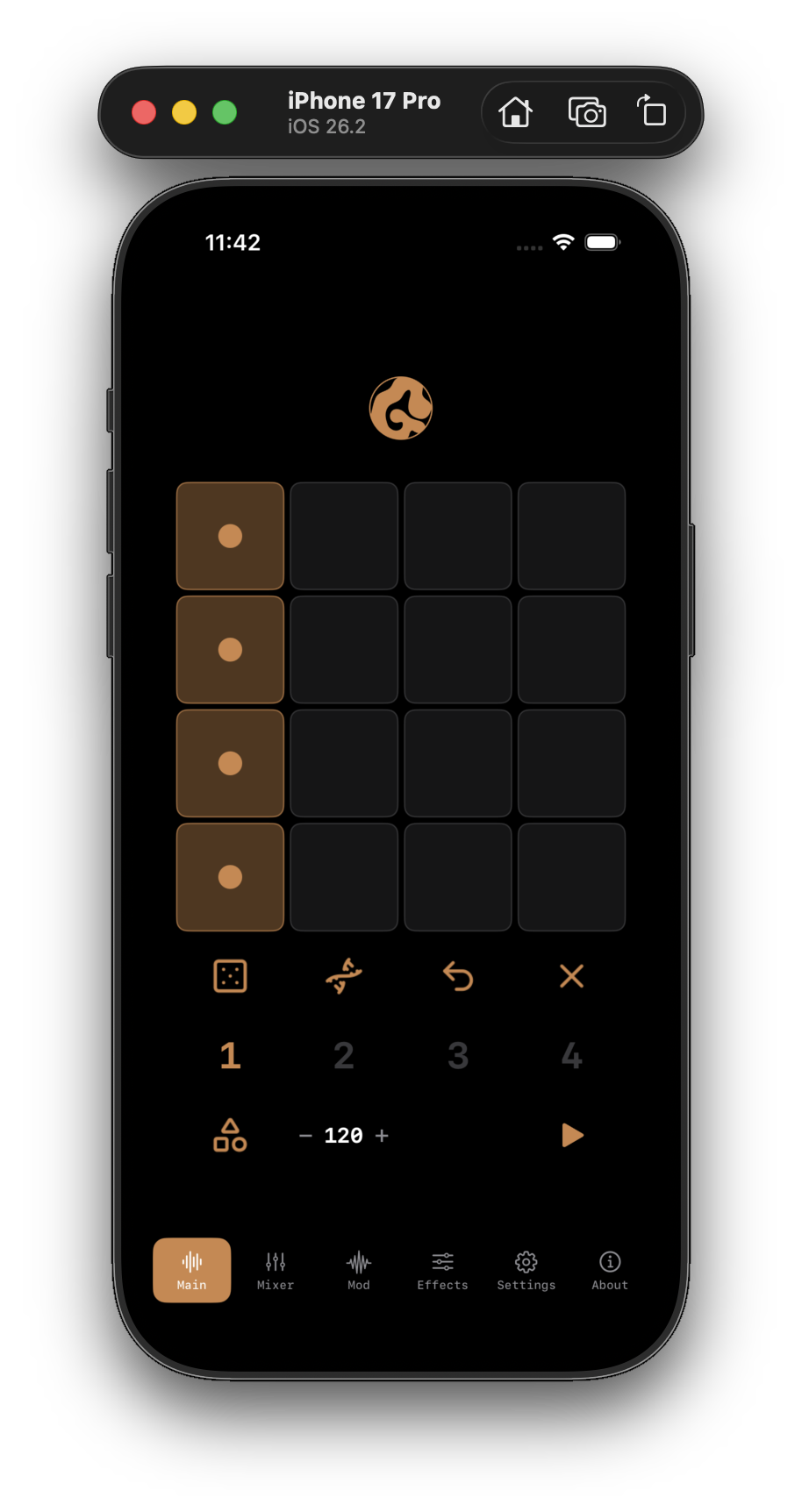 Ripple drum synth running on iPhone — 4-channel step sequencer with orange tile pattern